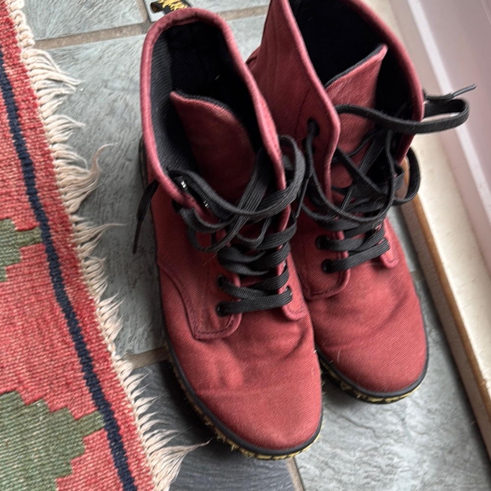 Red Combat Boots with Lace-Up Design and Suede Material
